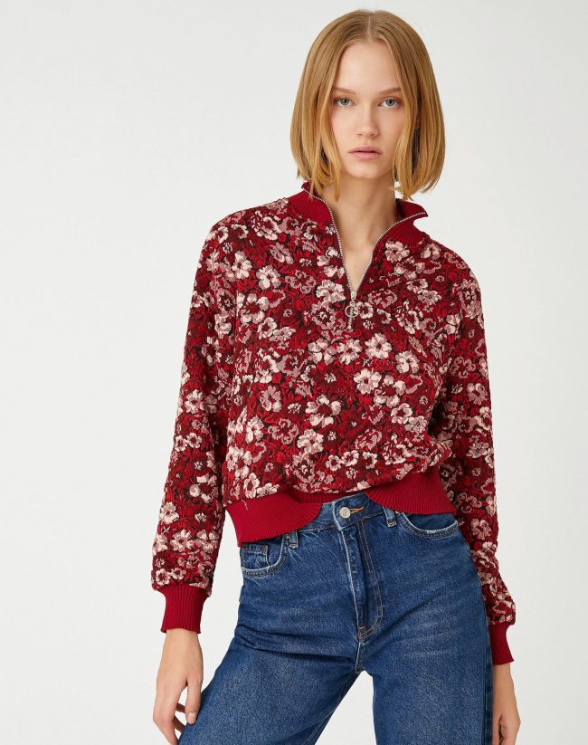 Jacquard Floral Sweater Half Zipper - Image 2